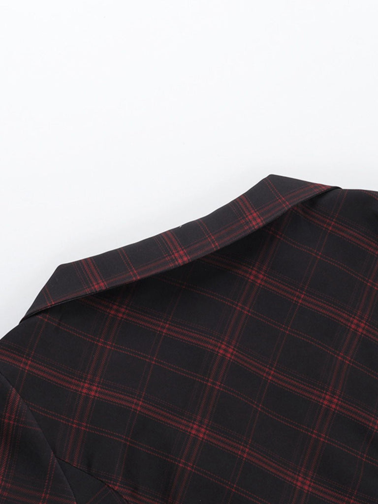 Abito quadri punk a trapezio con revers bordeaux anni '60