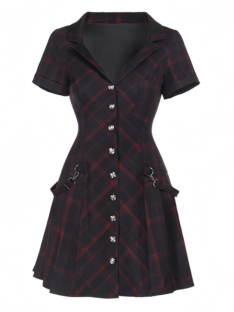 Abito quadri punk a trapezio con revers bordeaux anni '60