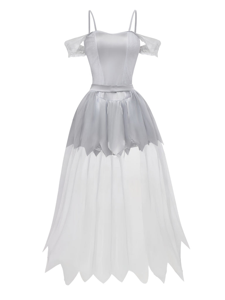 Abito da sposa zombie in pizzo e rete Halloween bianco anni '60