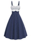 Abito ricami floreale a pois blu anni '50