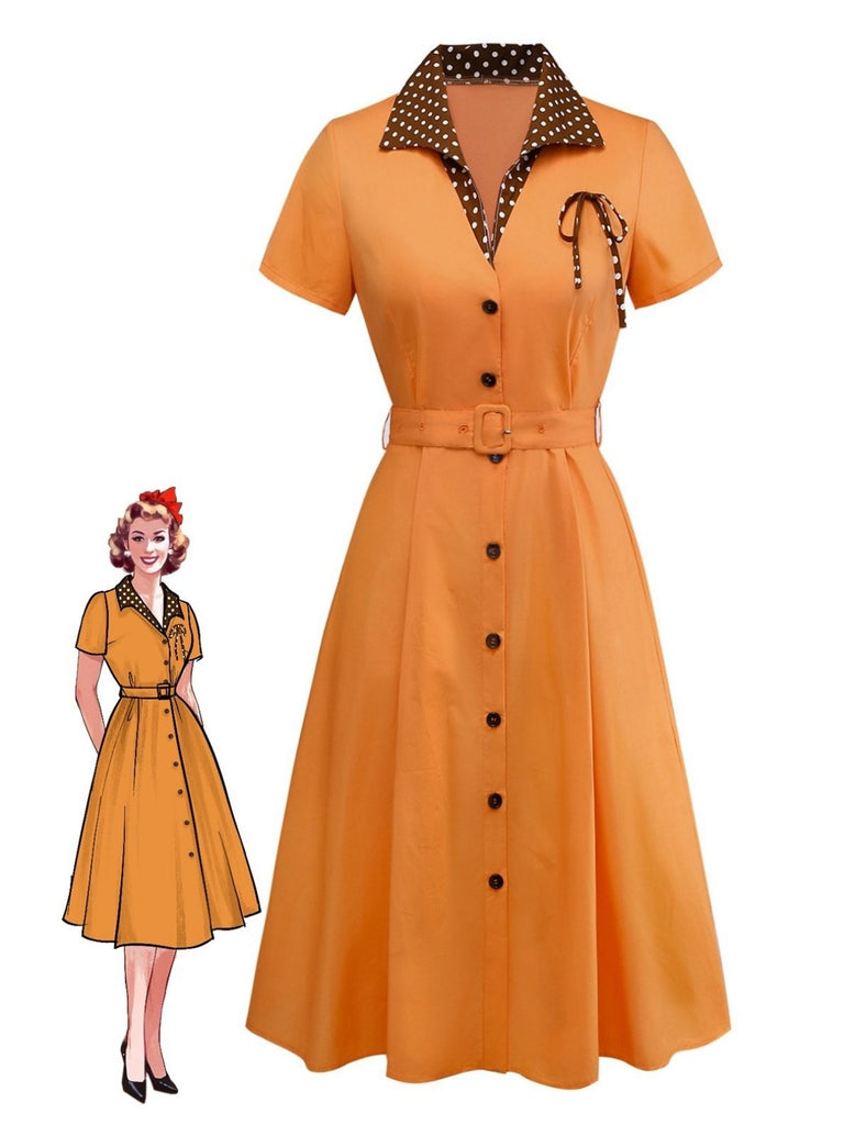 Abito in cotone a pois con fiocco arancione anni '40