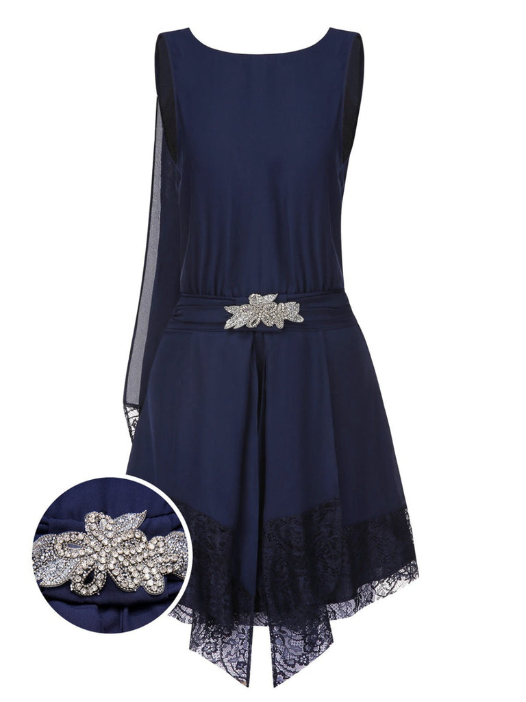 [Prevendita] Abito in pizzo e strass con patchwork blu anni '20