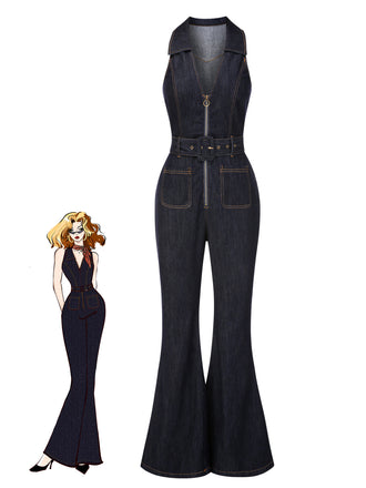 Tuta lunga svasata in denim cotone blu anni '70