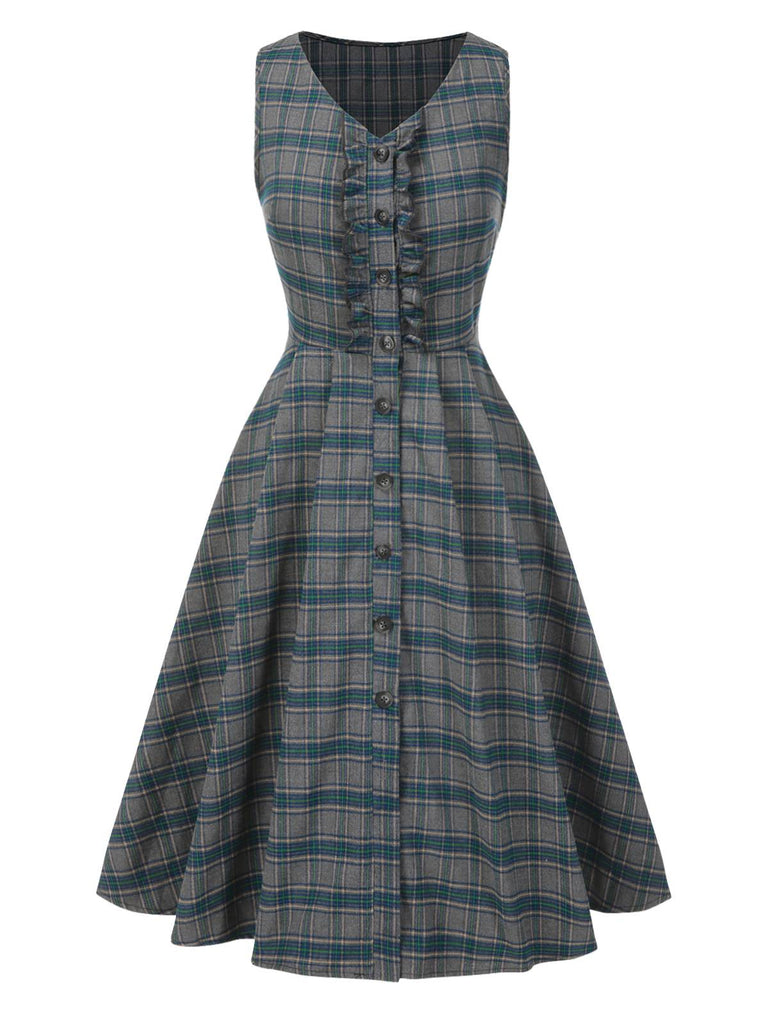 [Prevendita] Abito a quadri con scollo a V e volant grigio anni '50