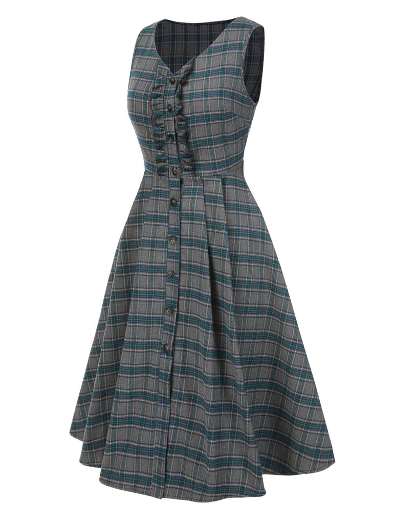 [Prevendita] Abito a quadri con scollo a V e volant grigio anni '50
