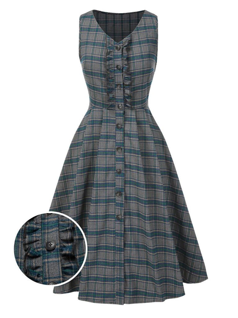 [Prevendita] Abito a quadri con scollo a V e volant grigio anni '50