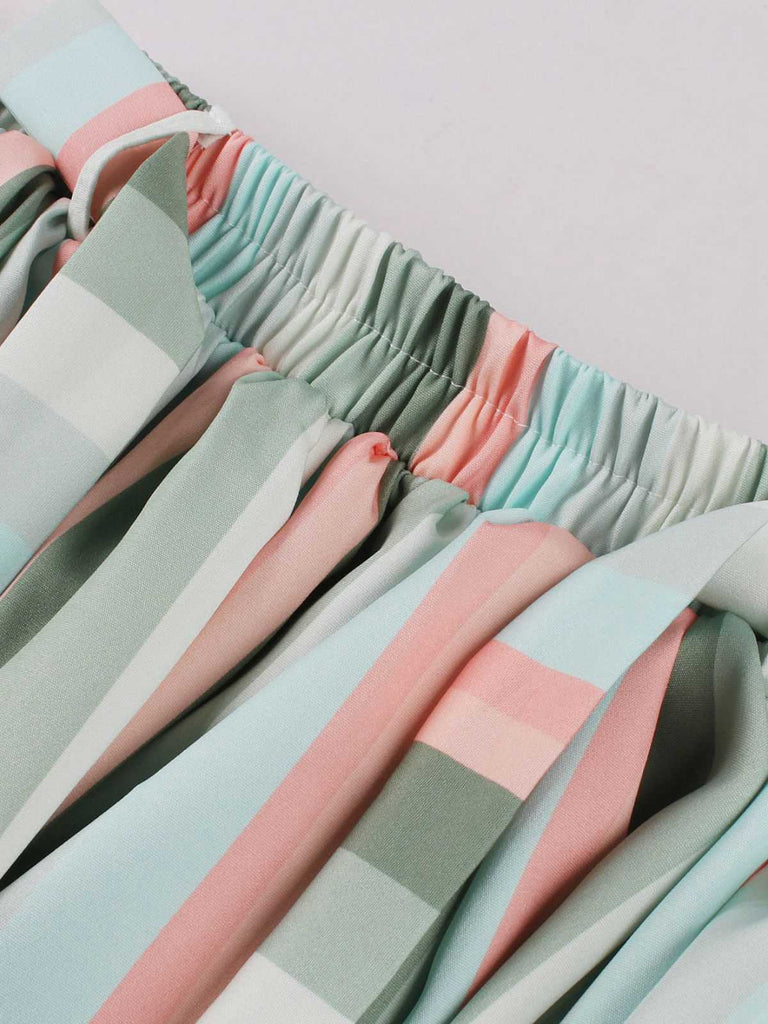 Gonna a righe colorate con fiocco grigio-verde anni '50