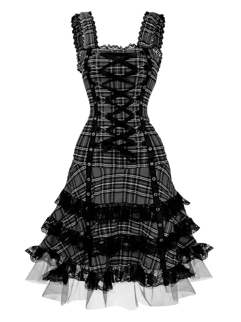 Abito in tartan scozzese con spalline larghe e lacci anni '60