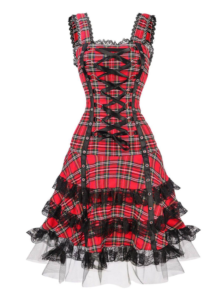 Abito in tartan scozzese con spalline larghe e lacci anni '60