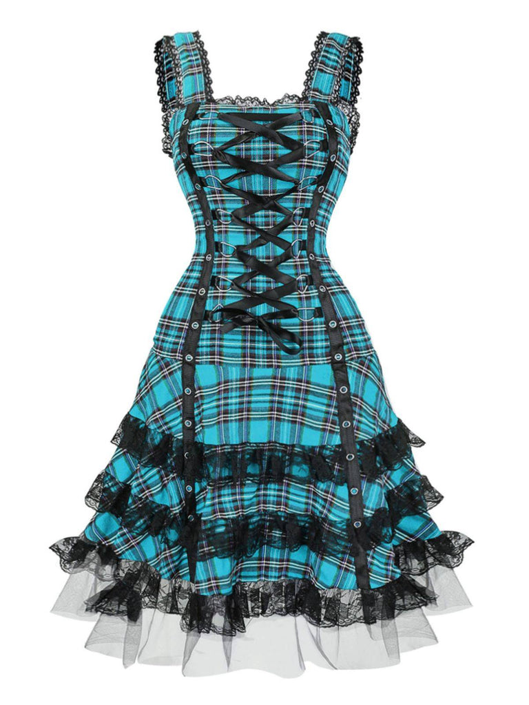 Abito in tartan scozzese con spalline larghe e lacci anni '60
