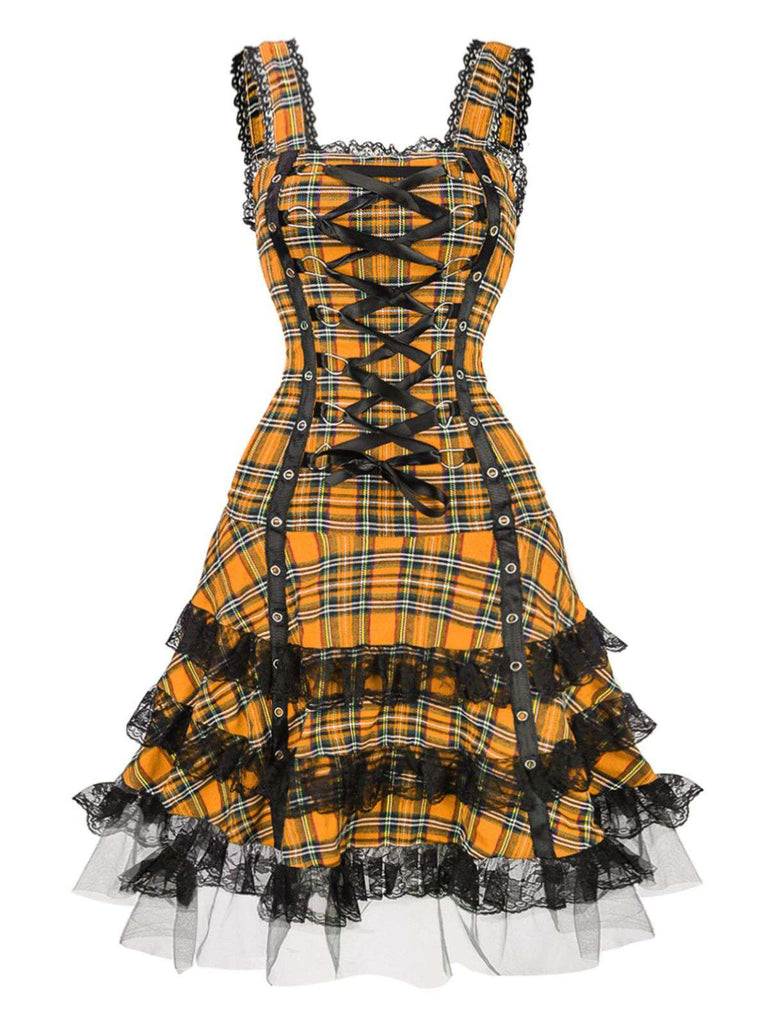Abito in tartan scozzese con spalline larghe e lacci anni '60