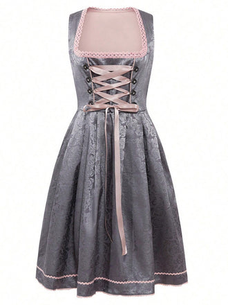 2PCS Abito jacquard floreale e grembiule ricamato rosa anni '50