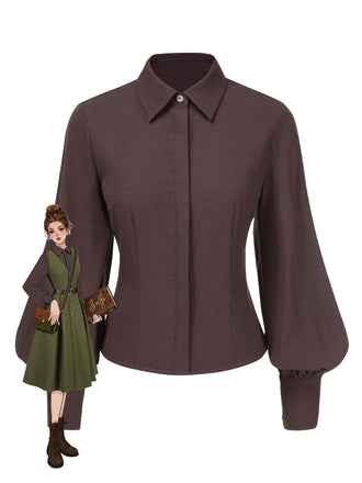 Camicetta con maniche a lanterna e revers marrone anni '50