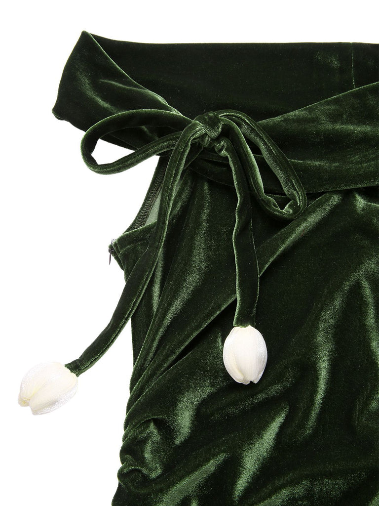 [Prevendita] Abito Bardot in velluto arricciature e spalle scoperte verde anni '40