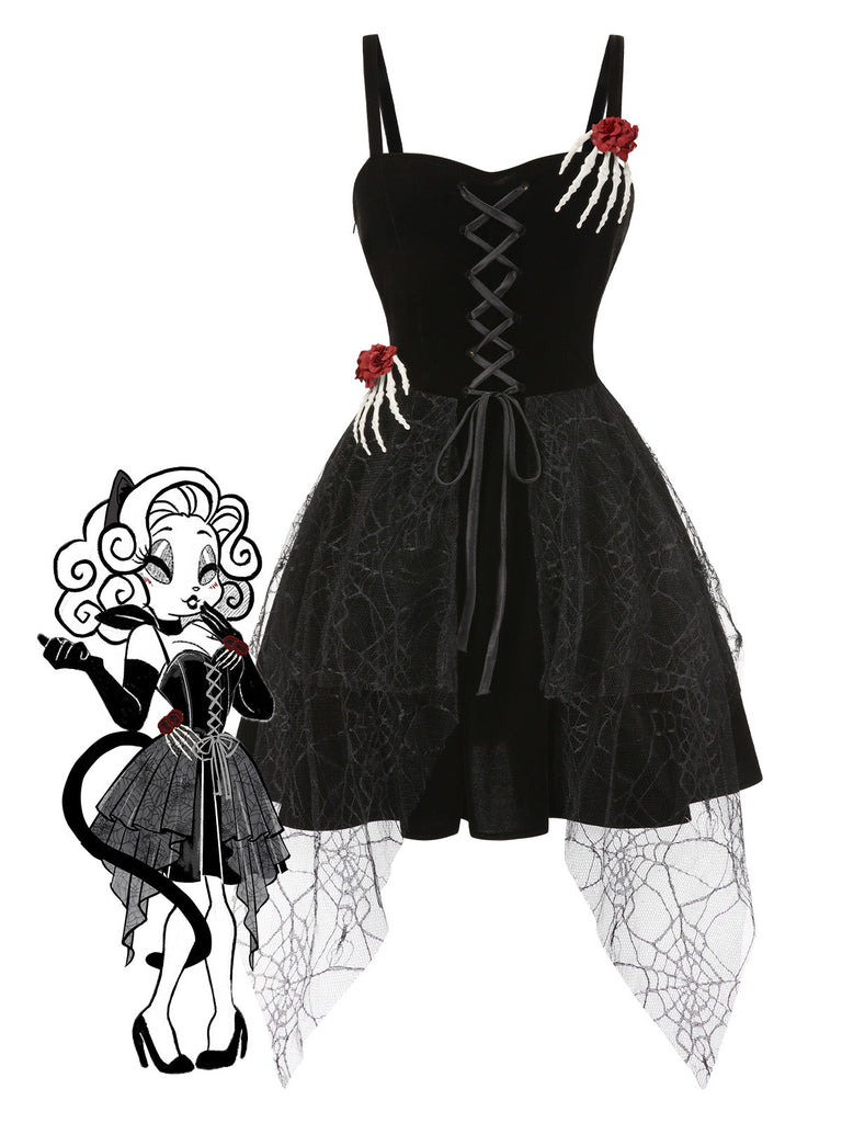 [Prevendita] Abito con mano scheletro e ragnatela e rosa nero anni '50