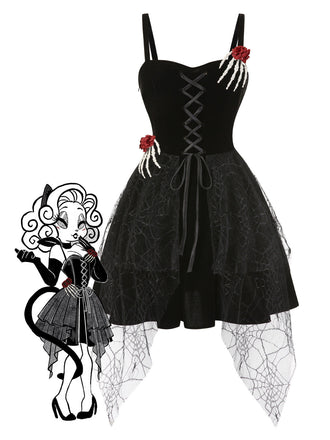 Abito con mano scheletro e ragnatela e rosa nero anni '50