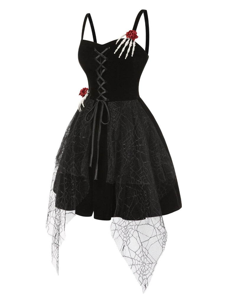 [Prevendita] Abito con mano scheletro e ragnatela e rosa nero anni '50
