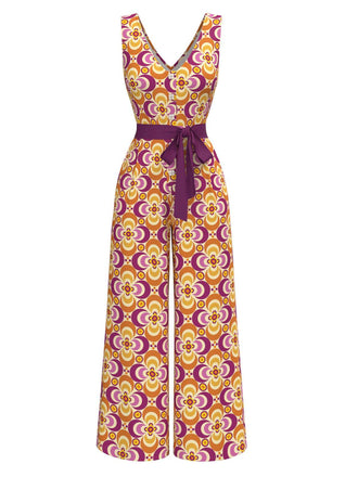 Tuta lunga floreale con scollo a V arancione anni '60