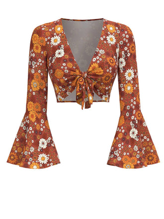 Top floreale hippie maniche a campana arancione anni '70