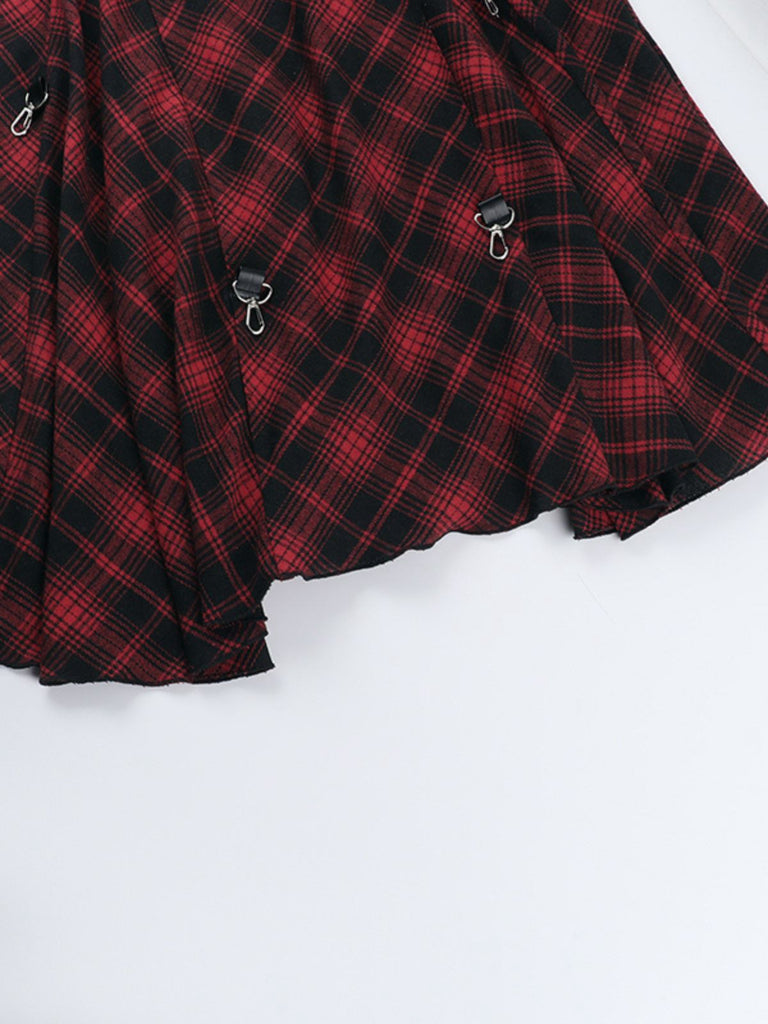 2PCS Top a quadri e gonna con orlo asimmetrico rosso anni '80