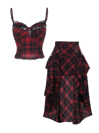 2PCS Top a quadri e gonna con orlo asimmetrico rosso anni '80