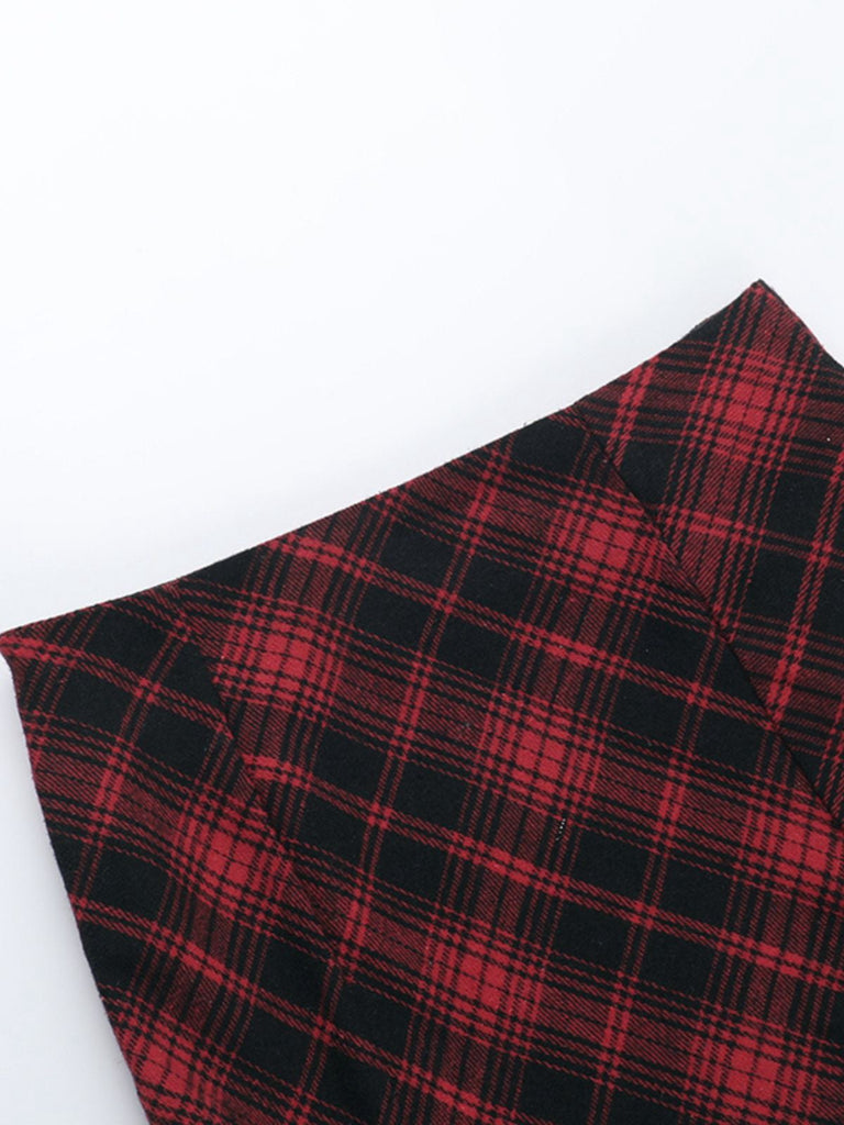 2PCS Top a quadri e gonna con orlo asimmetrico rosso anni '80