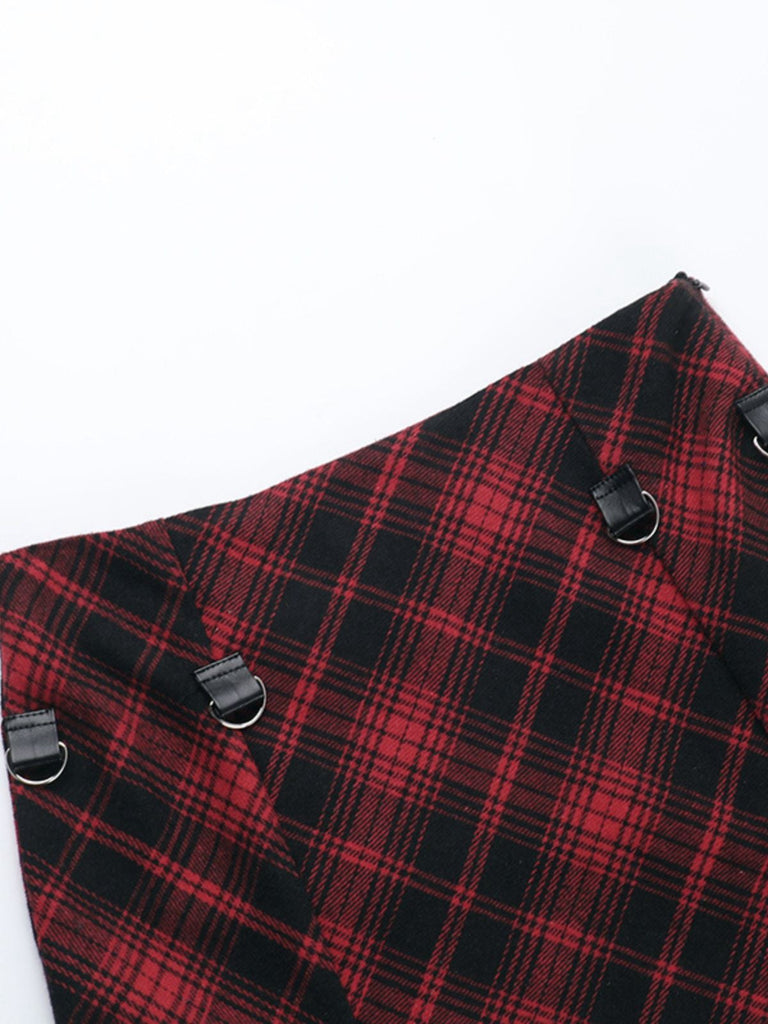 2PCS Top a quadri e gonna con orlo asimmetrico rosso anni '80