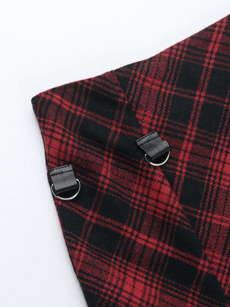 2PCS Top a quadri e gonna con orlo asimmetrico rosso anni '80