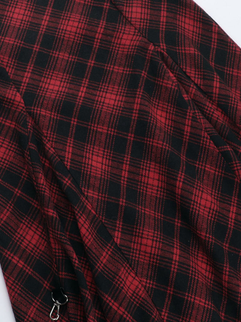 2PCS Top a quadri e gonna con orlo asimmetrico rosso anni '80