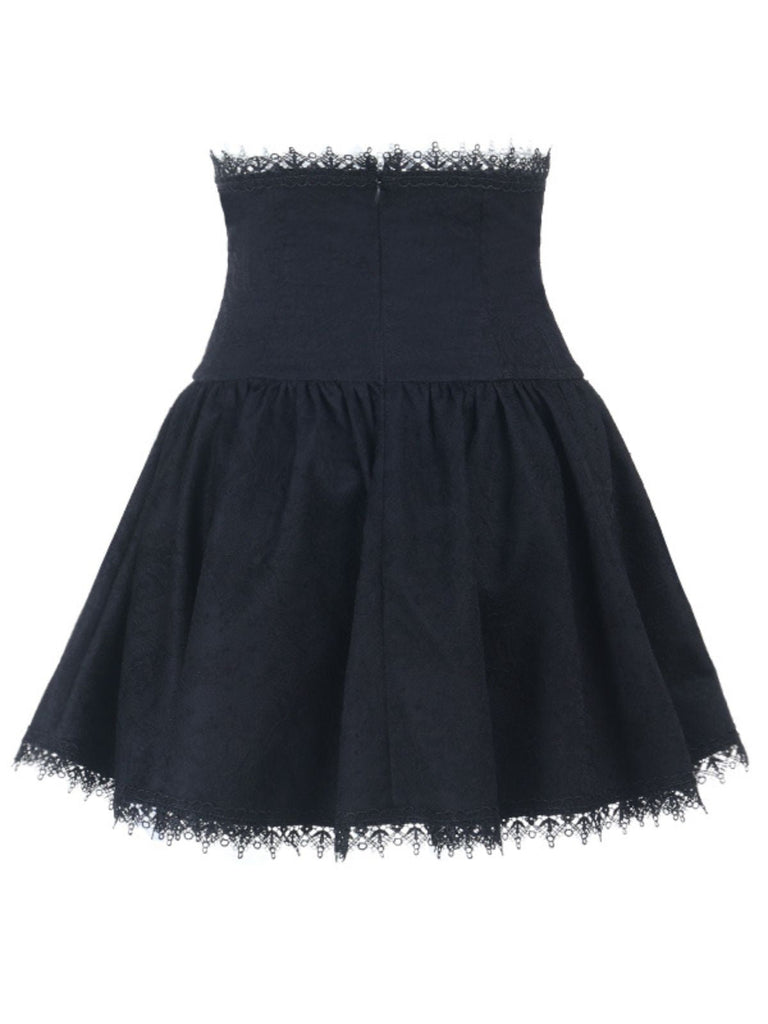 Gonna corsetto con lacci in pizzo e patchwork nero anni '70