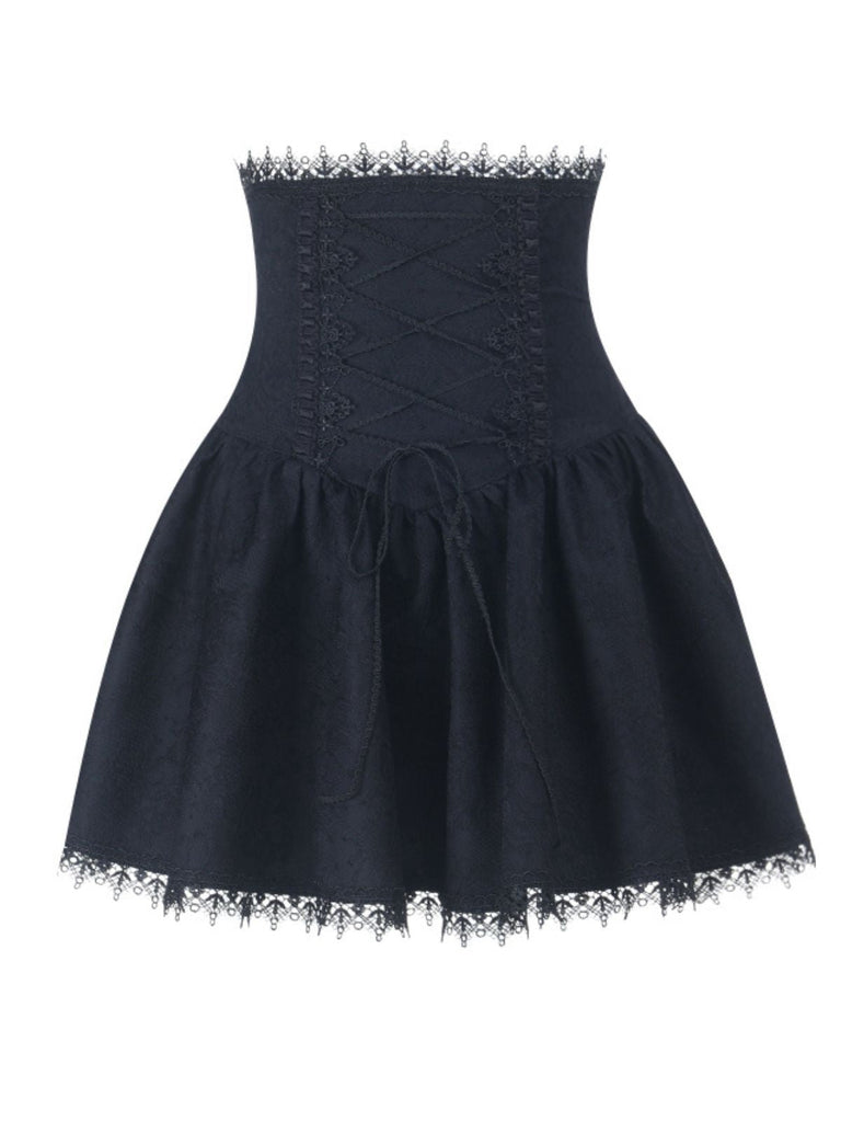 Gonna corsetto con lacci in pizzo e patchwork nero anni '70