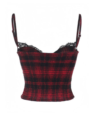 Top croce punk in pelle e pizzo quadri rosso anni '70