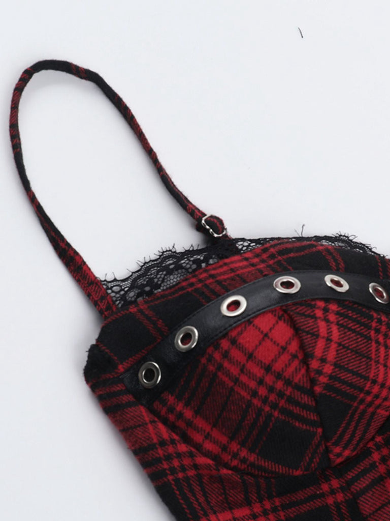 Top croce punk in pelle e pizzo quadri rosso anni '70