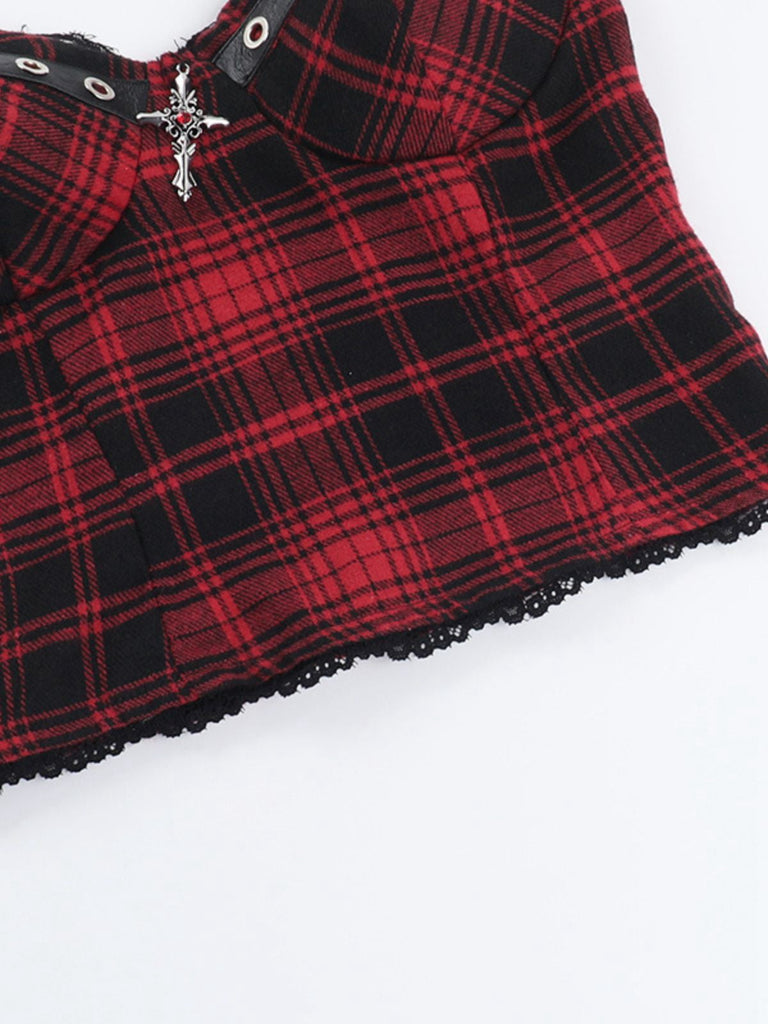 Top croce punk in pelle e pizzo quadri rosso anni '70