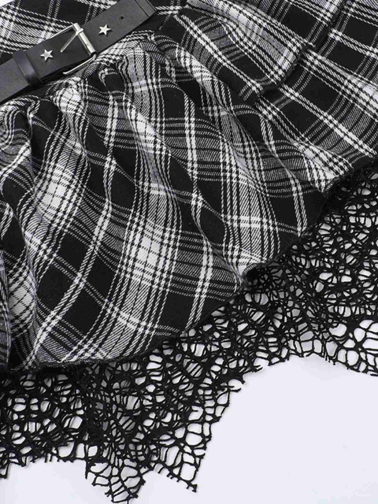 Gonna steampunk a quadri patchwork in pizzo grigia anni '80