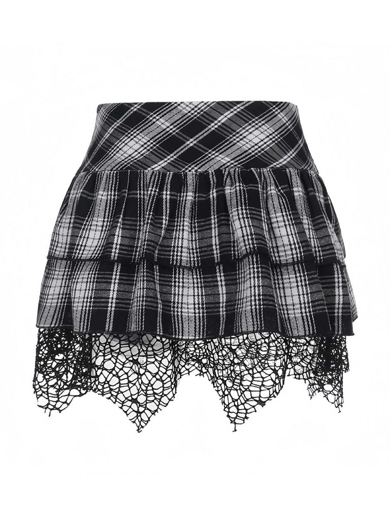 Gonna steampunk a quadri patchwork in pizzo grigia anni '80