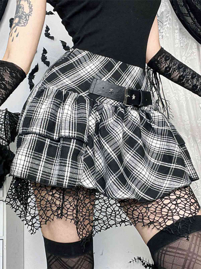 Gonna steampunk a quadri patchwork in pizzo grigia anni '80