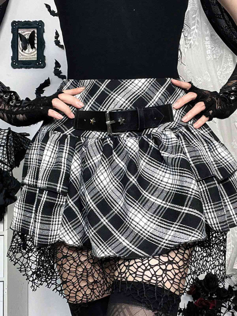 Gonna steampunk a quadri patchwork in pizzo grigia anni '80