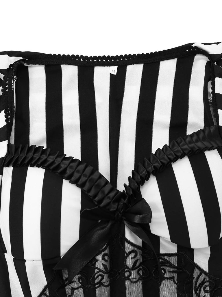 Abito a righe patchwork in pizzo bianco e nero anni '70