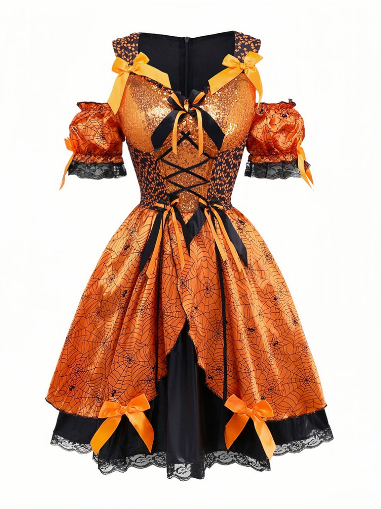 Abito arancione con ragnatela e zucca Halloween anni '60