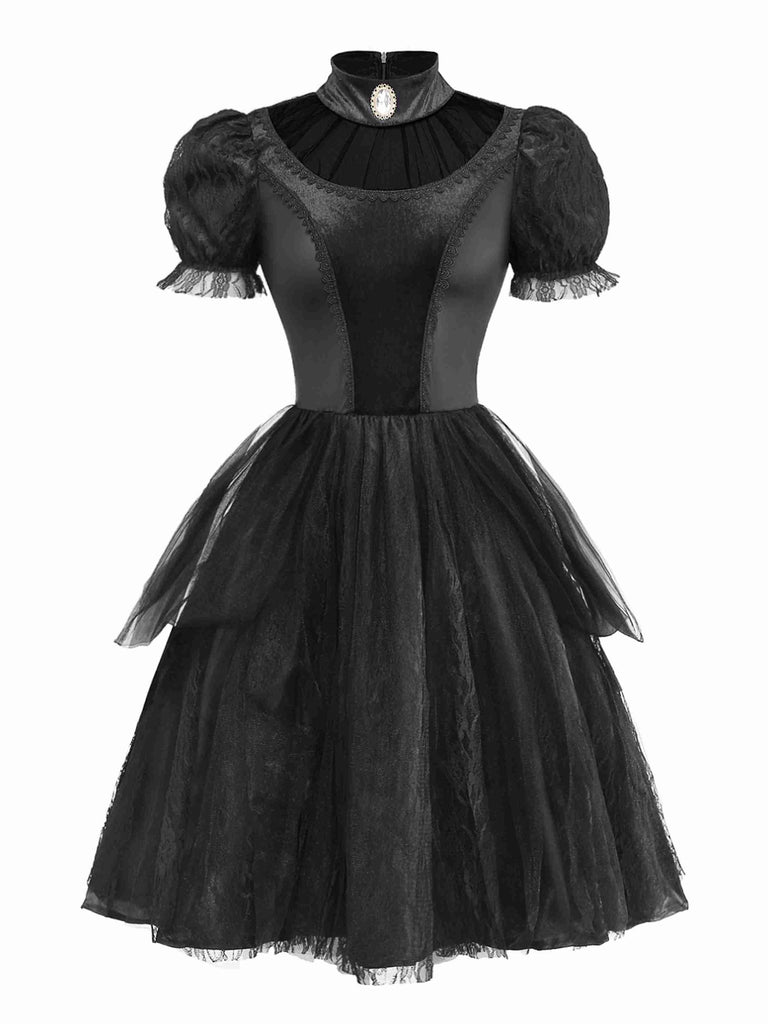 Abito con maniche a sbuffo vampiro malvagio nero anni '50