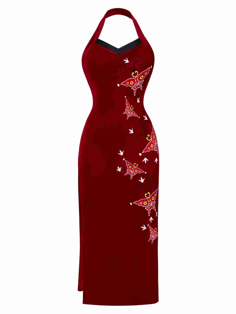 Abito di Ada-Wong in velluto con farfalle ricamate rosso anni '80