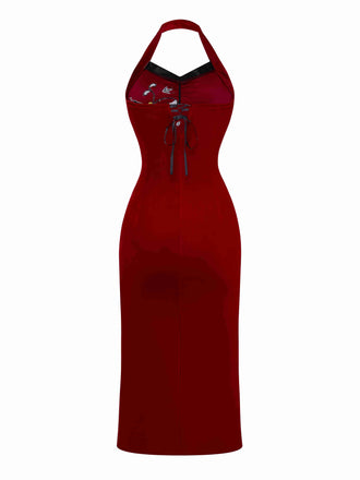 Abito di Ada-Wong in velluto con farfalle ricamate rosso anni '80