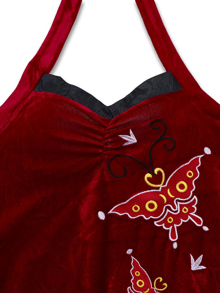 Abito di Ada-Wong in velluto con farfalle ricamate rosso anni '80