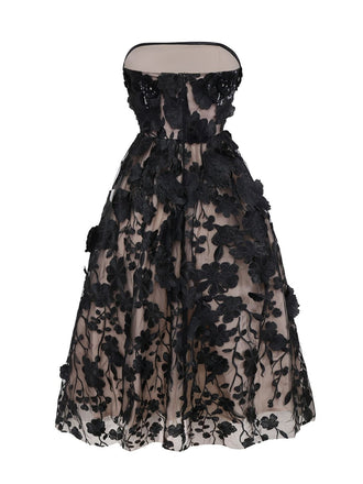 Abito a fascia floreale 3D in rete con patchwork nero anni '50