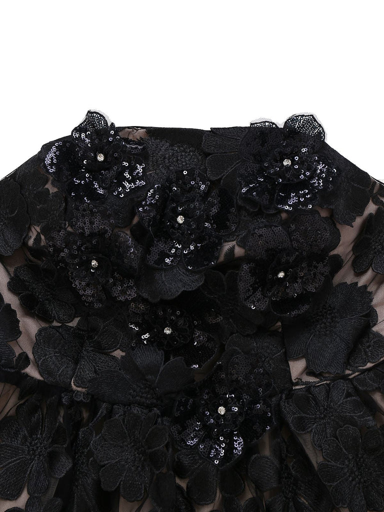 Abito a fascia floreale 3D in rete con patchwork nero anni '50