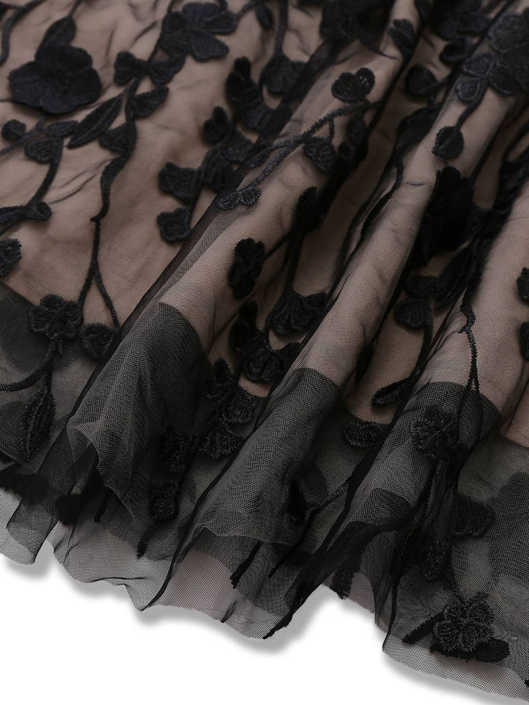 Abito a fascia floreale 3D in rete con patchwork nero anni '50