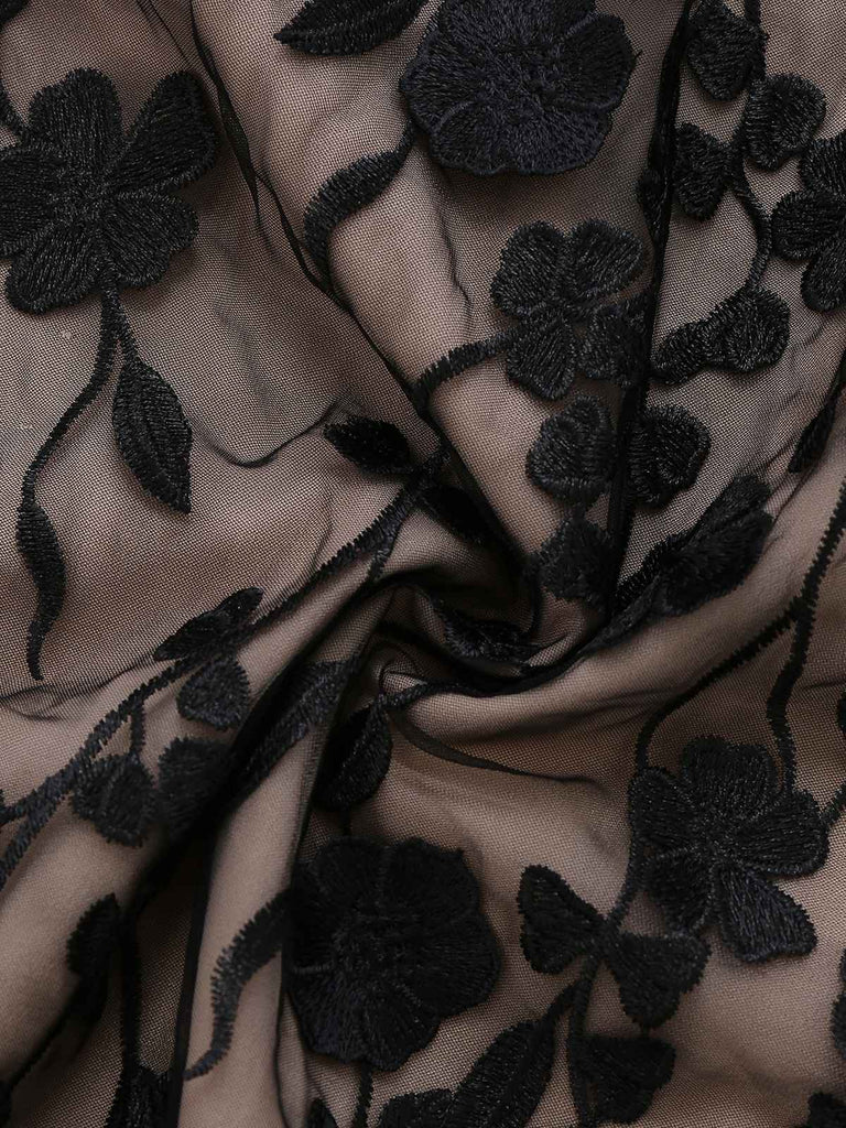 Abito a fascia floreale 3D in rete con patchwork nero anni '50