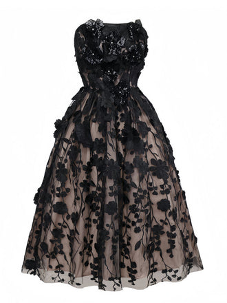 Abito a fascia floreale 3D in rete con patchwork nero anni '50