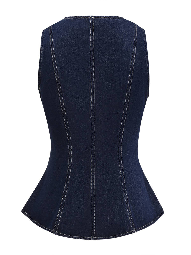 Gilet in denim con bottoni e scollo quadrato blu anni '50